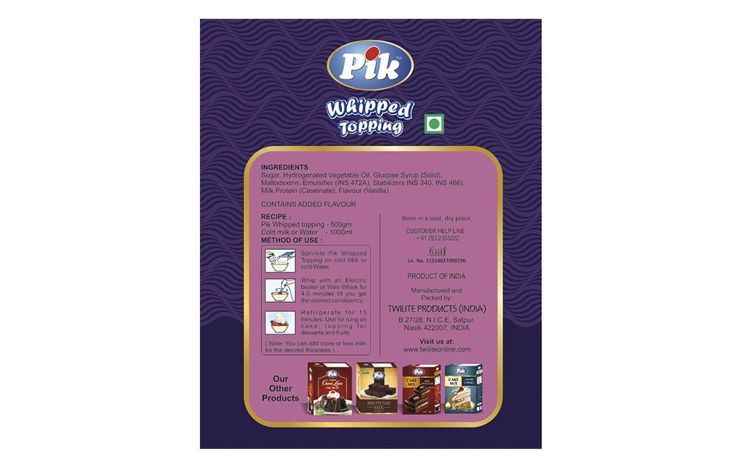 Pik Whipped Topping (Eggless)   Box  500 grams
